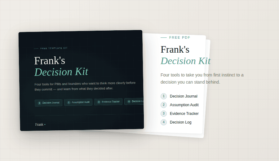 Preview of Frank's Decision Kit PDF — stacked pages showing the Decision Journal, Assumption Audit, Evidence Tracker, and Decision Log